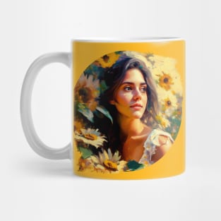 A beautiful girl in nature, surrounded by sunflowers, Art painting Mug